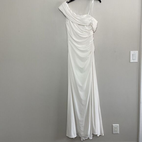 MAC DUGGAL Off Shoulder Gown Women 6 White Ruched Long Dress High Slit Wedding - Picture 2 of 11